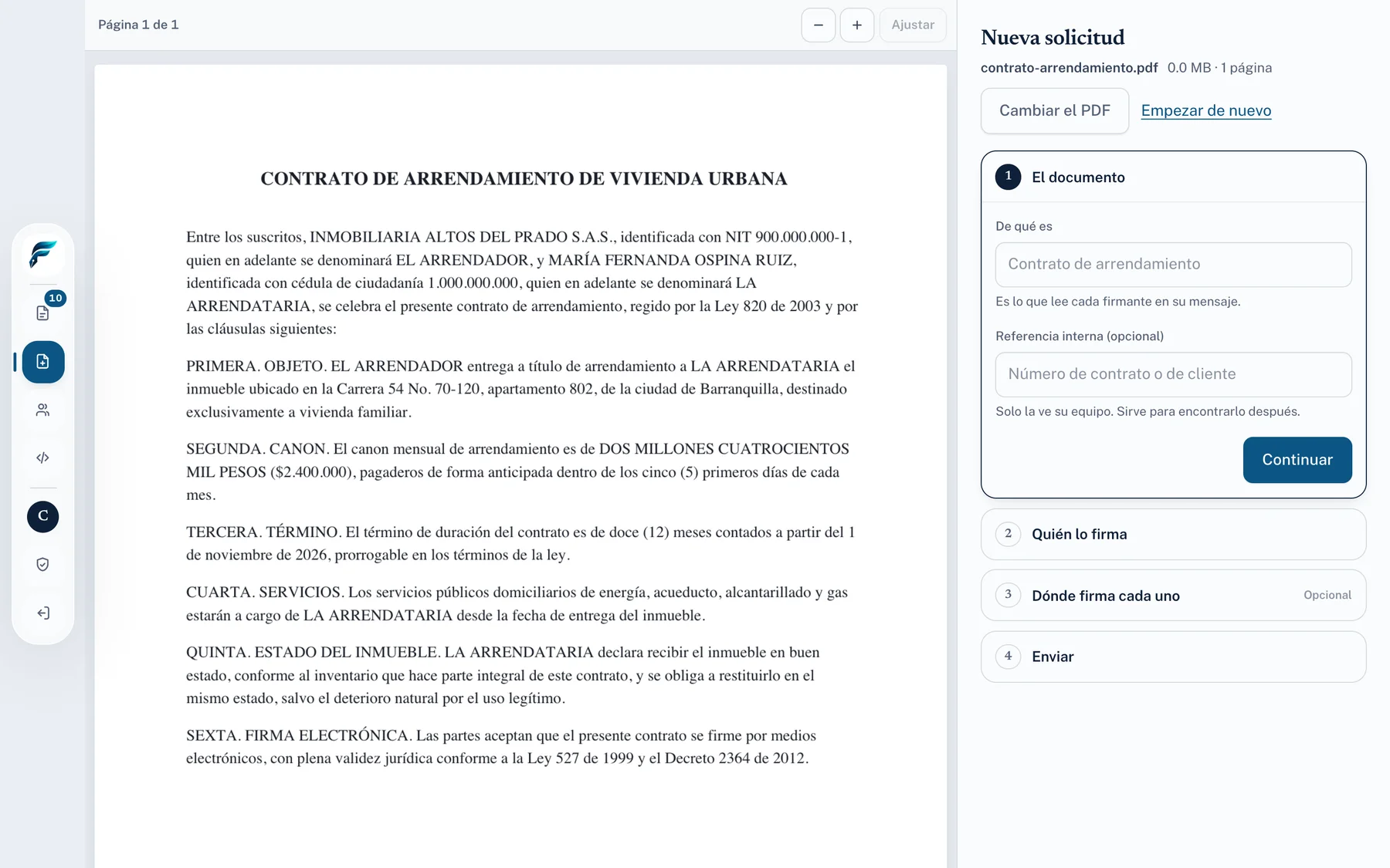 El panel de Fyrelis con un contrato de arrendamiento cargado y los pasos para enviarlo