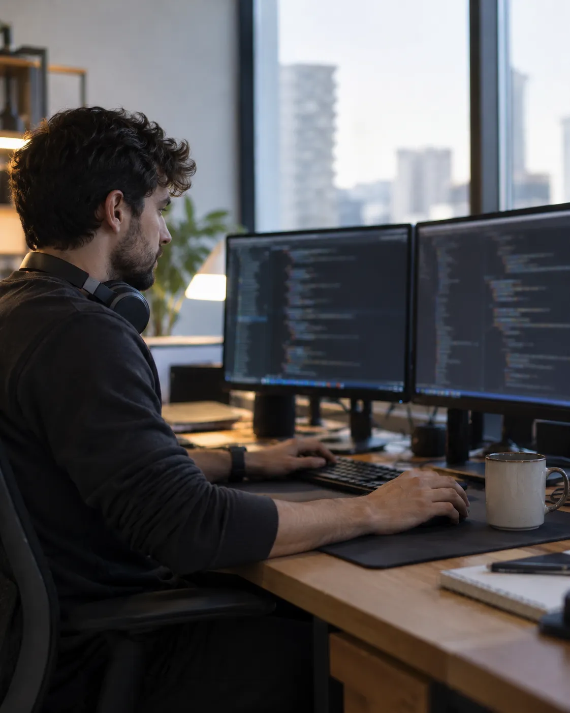 Un desarrollador de perfil frente a dos monitores con código, en la oficina de tecnología de una empresa